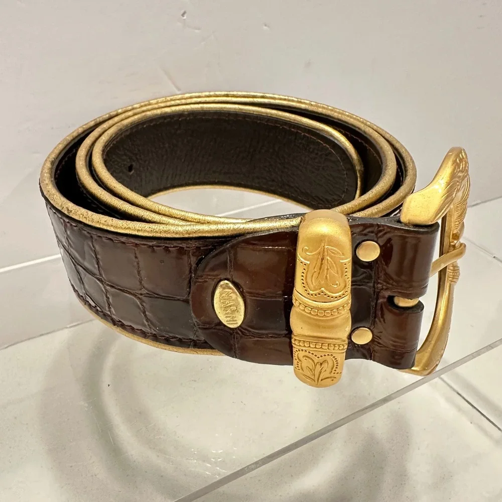 Nanni Italy Brown Crocodile Embossed‎ Leather Belt Gold Engraved Buckle Size 34